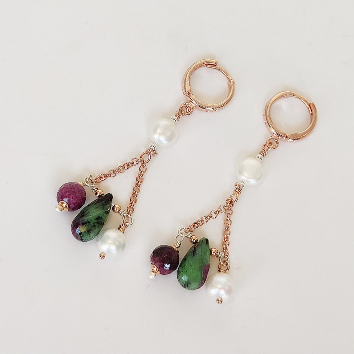 ST015 Rose gold plated 925 silver earrings with round faceted rubies, teardrop zoisite rubies and freshwater pearls.