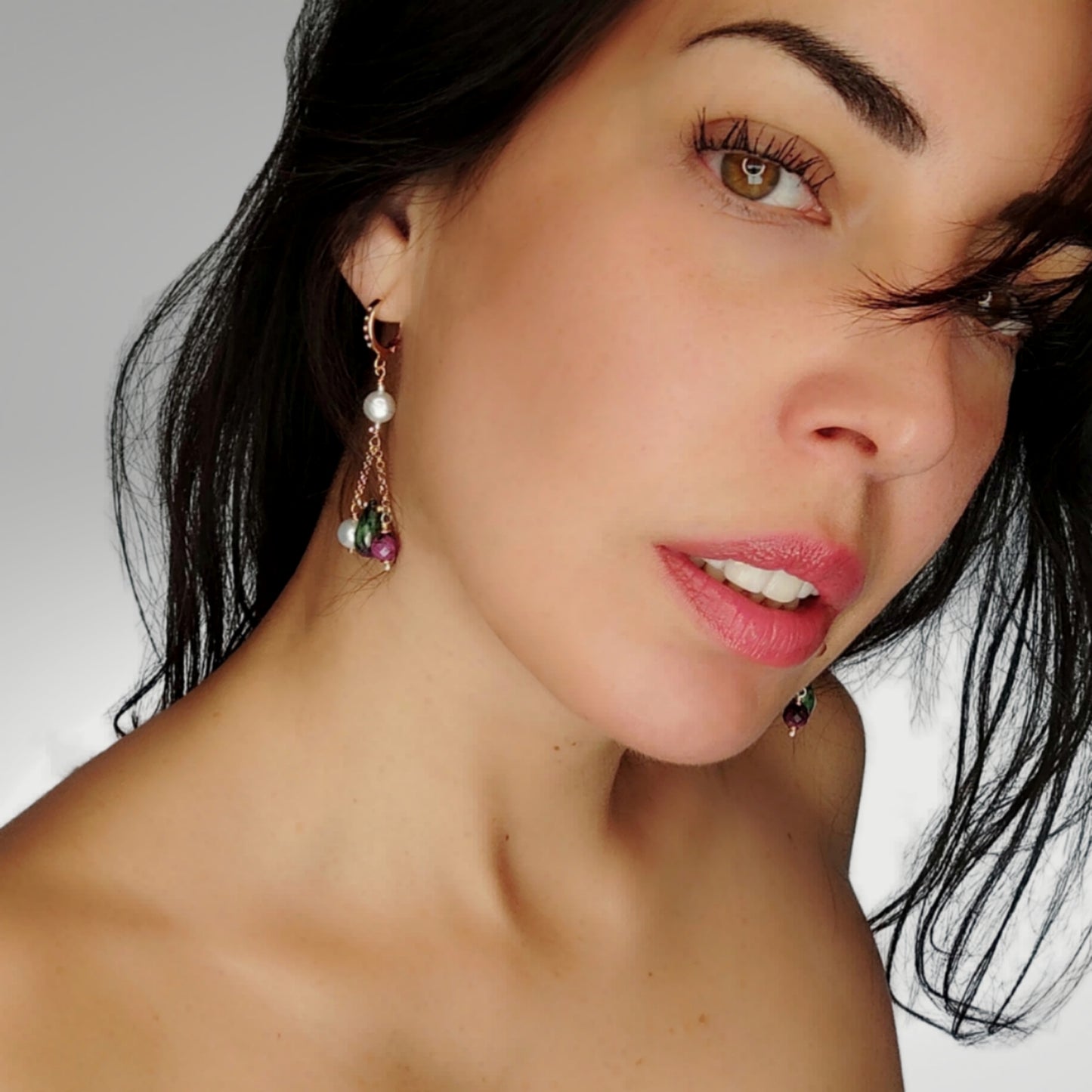 ST015 Rose gold plated 925 silver earrings with round faceted rubies, teardrop zoisite rubies and freshwater pearls.