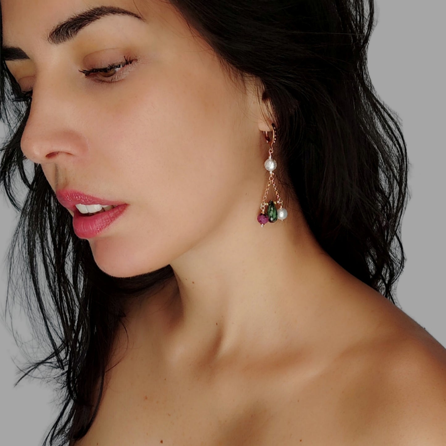 ST015 Rose gold plated 925 silver earrings with round faceted rubies, teardrop zoisite rubies and freshwater pearls.