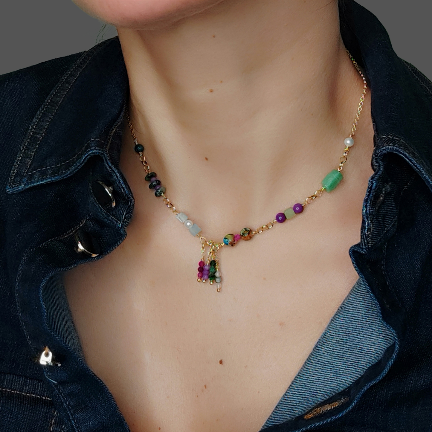 ST35 - Collana in argento 925 placcato oro giallo 18k con pietre naturali