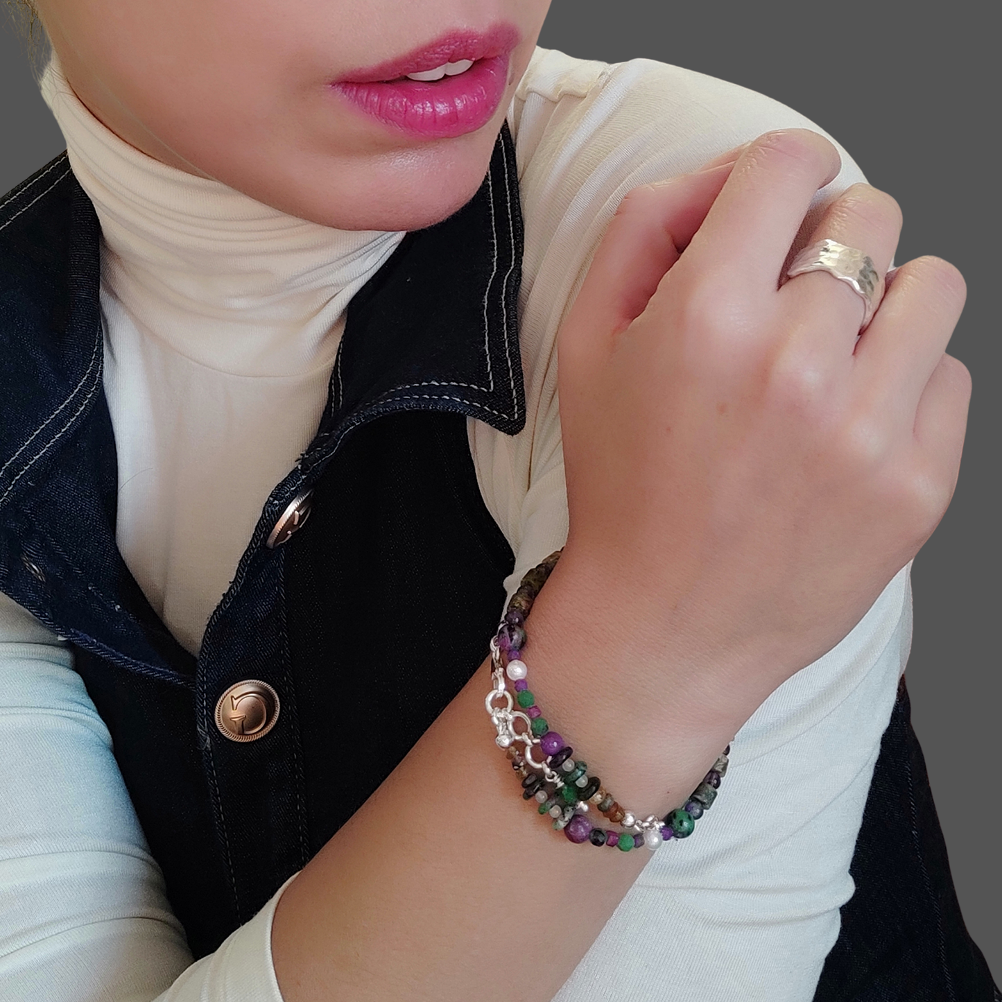 ST27 - Bracciale doppio/collana in argento 925 e pietre naturali