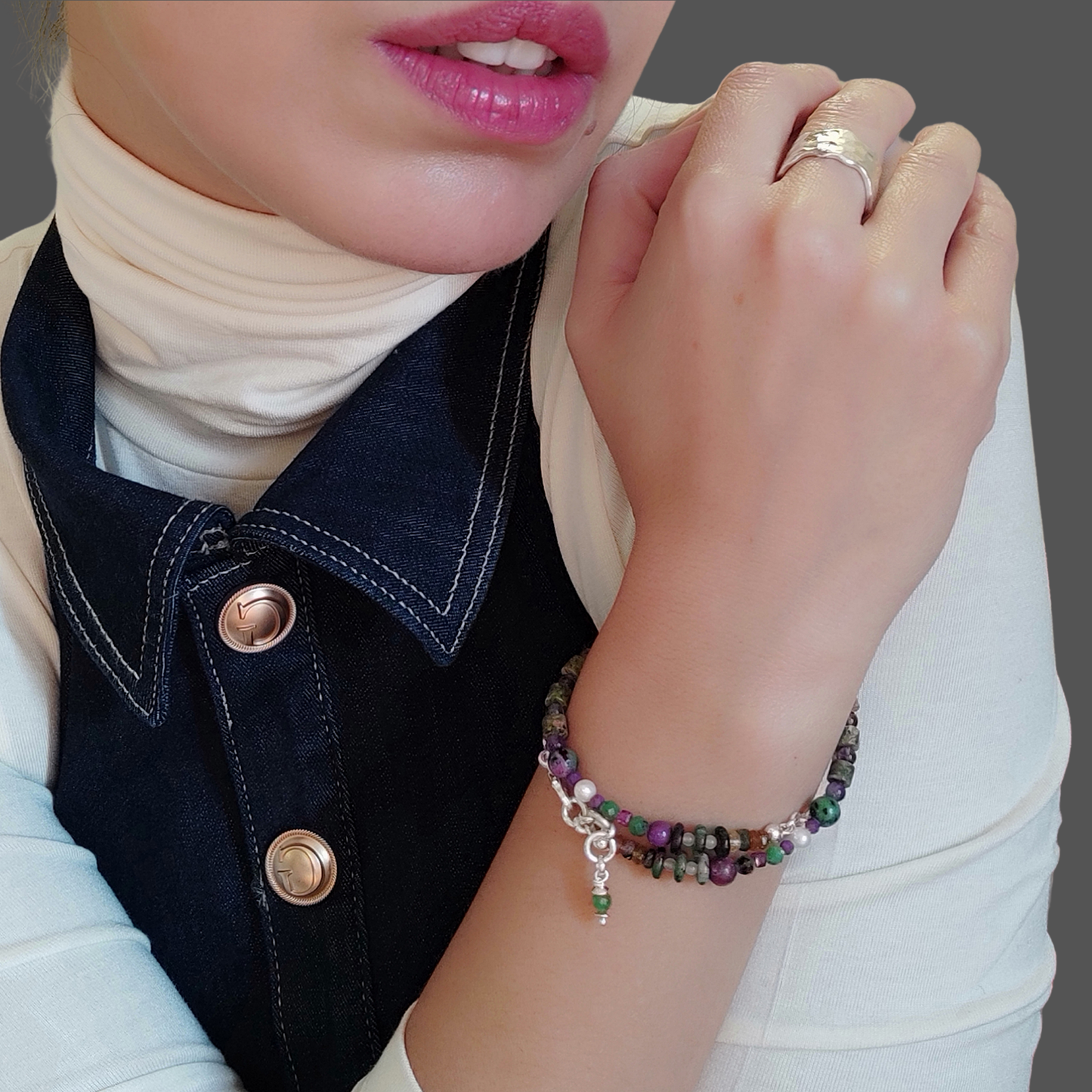 ST27 - Bracciale doppio/collana in argento 925 e pietre naturali