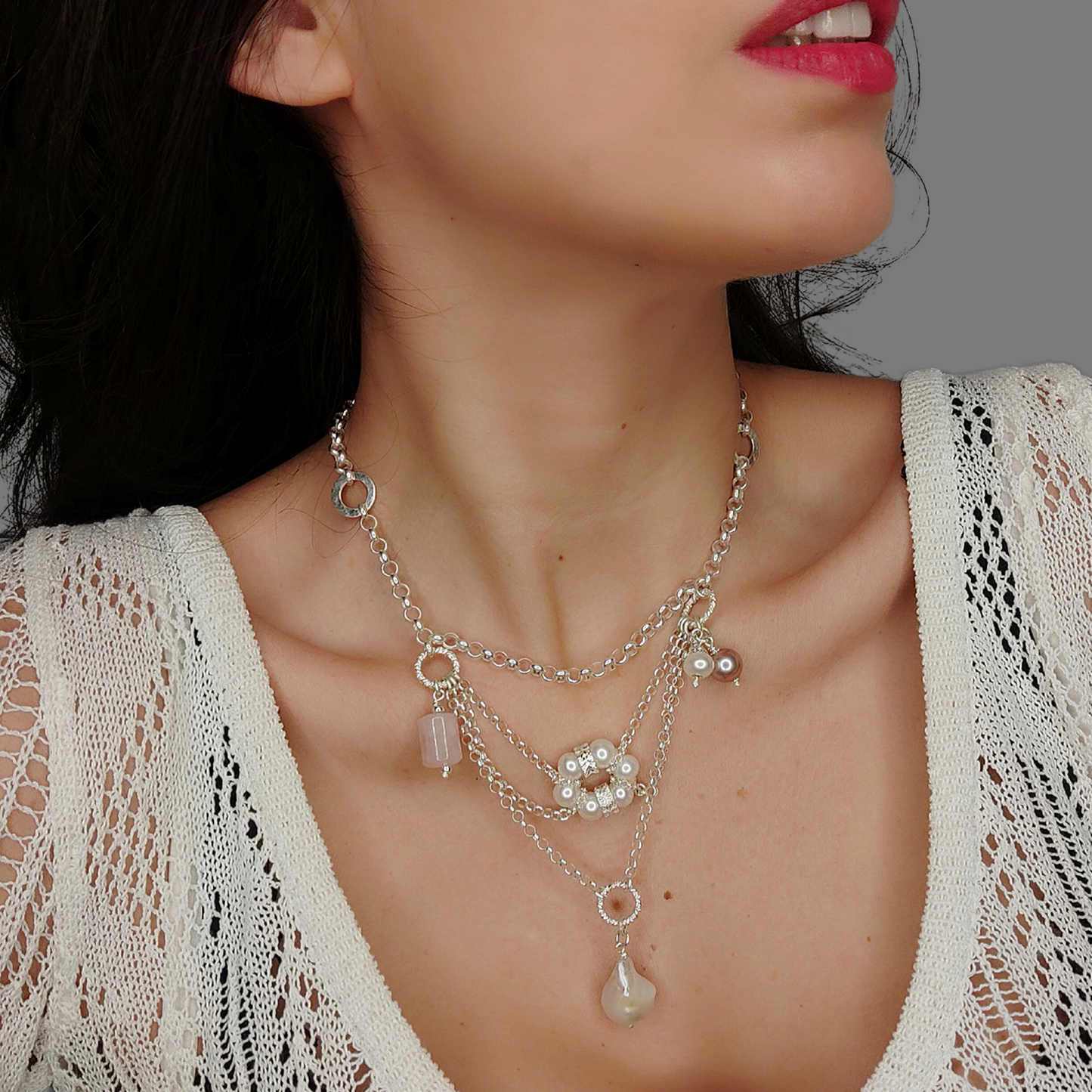 ST71 - Collana in argento con pietre e perle naturali