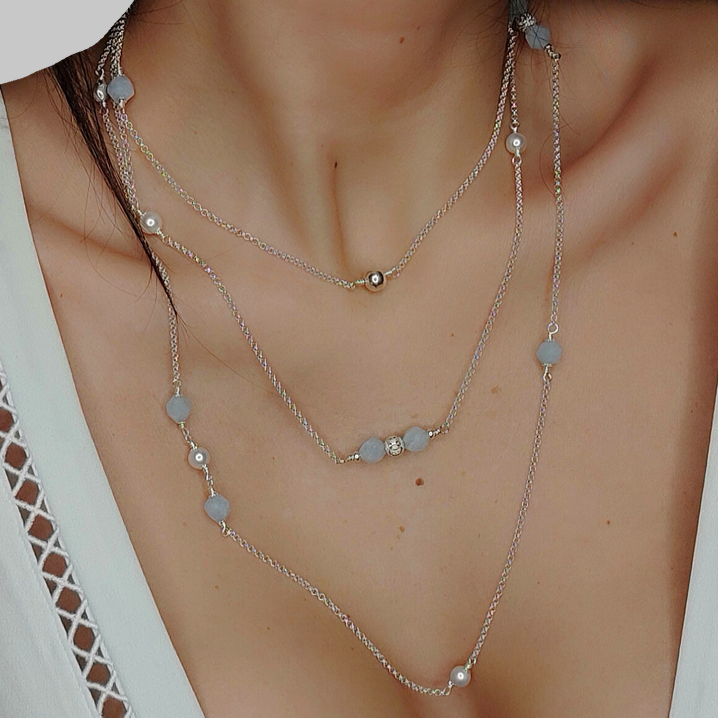 ST64 - Collana in argento con perle e pietre in acquamarina