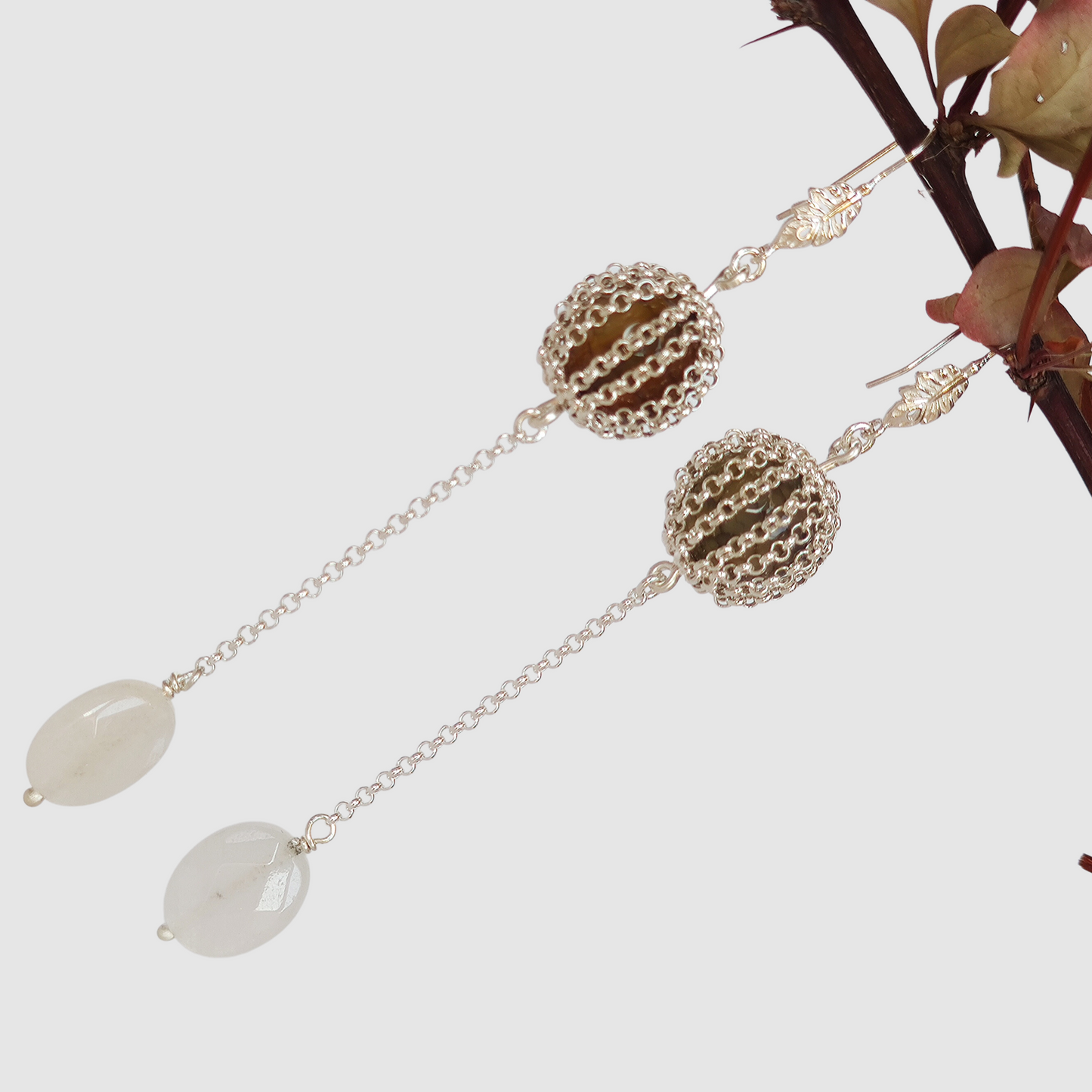 ST34 Orecchini pendenti in argento 925 con pietre naturali agata e quarzo rosa