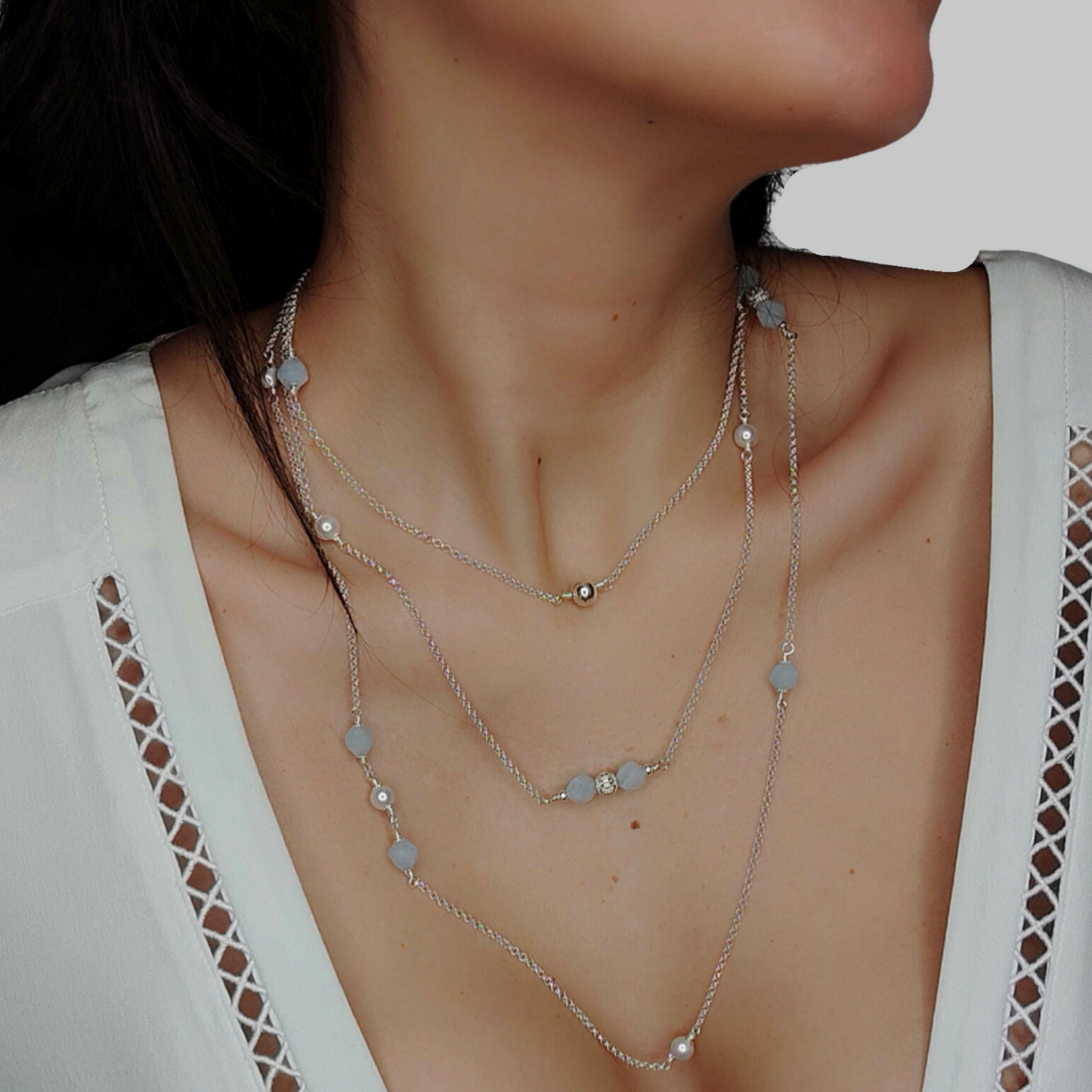 ST64 - Collana in argento con perle e pietre in acquamarina