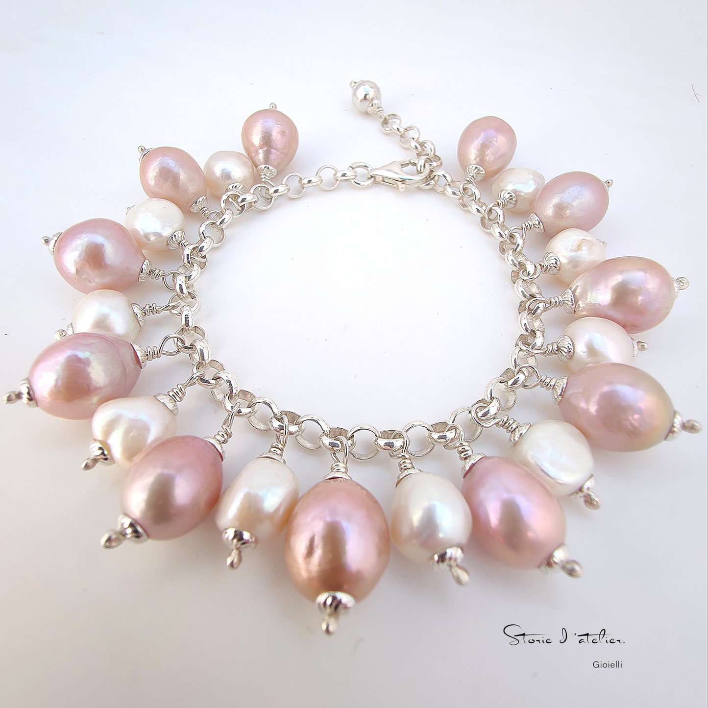 ST67 -  Bracciale in argento 925 con perle d'acqua dolce colore rosa antico e bianche
