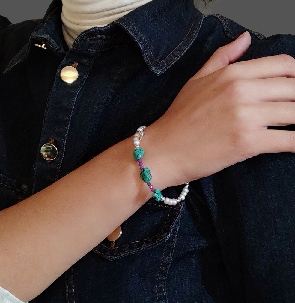 ST34 - Bracciale in argento 925 con perle d'acqua dolce e pietre naturali