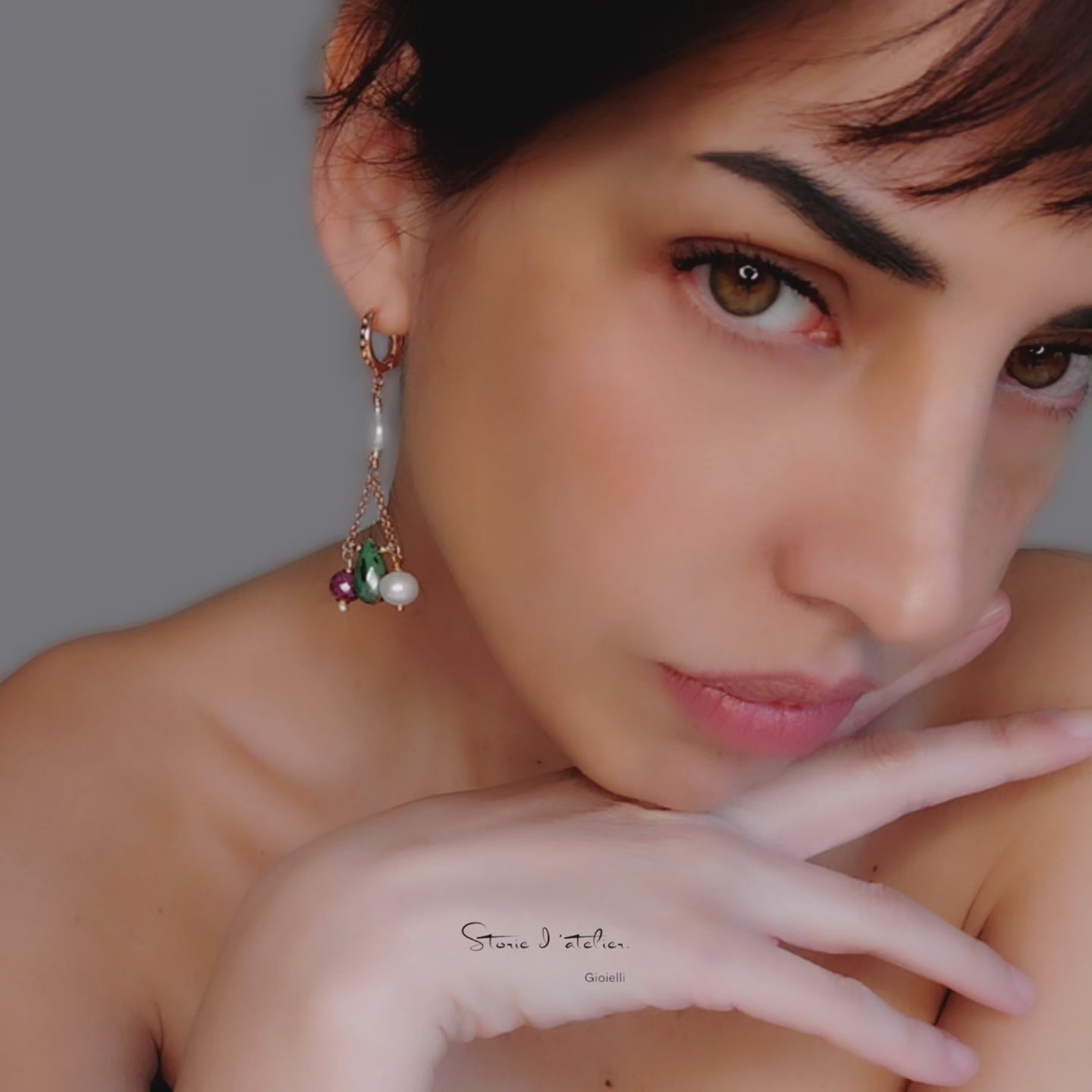 ST015 Rose gold plated 925 silver earrings with round faceted rubies, teardrop zoisite rubies and freshwater pearls.