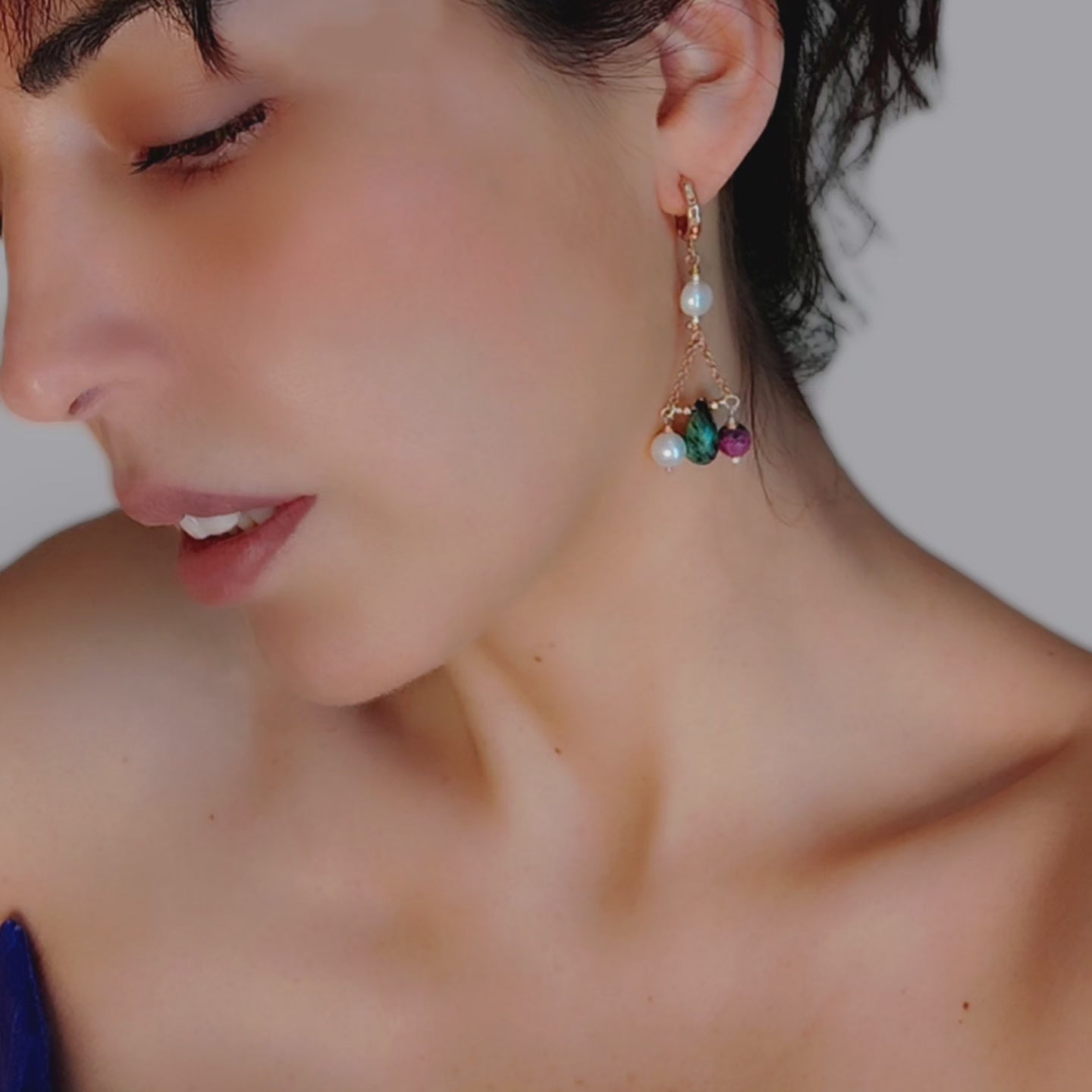 ST015 Rose gold plated 925 silver earrings with round faceted rubies, teardrop zoisite rubies and freshwater pearls.