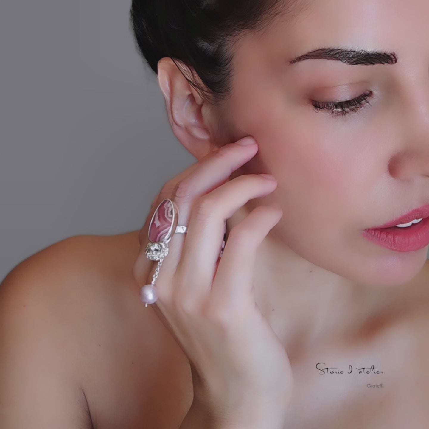 ST49 - Anello in argento 925 con rodocrosite e perla naturale d'acqua dolce