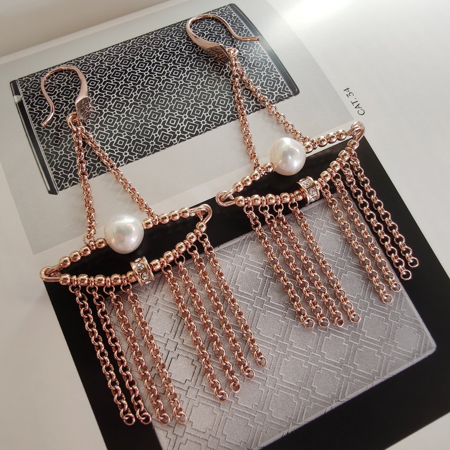 ST50- 18k rose gold plated silver earrings with natural pearls and zircons.