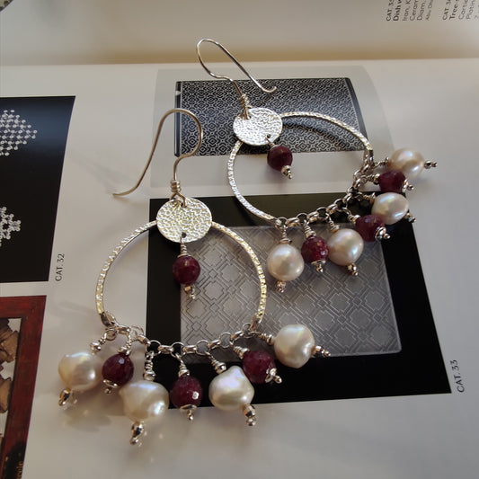 ST14 925 silver pendant earrings with faceted rubies and freshwater baroque pearls