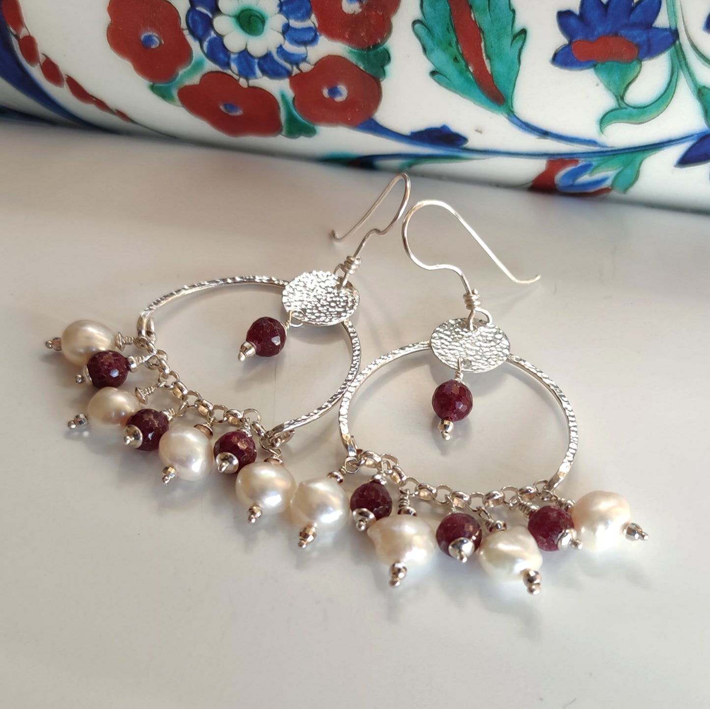 ST14 925 silver pendant earrings with faceted rubies and freshwater baroque pearls