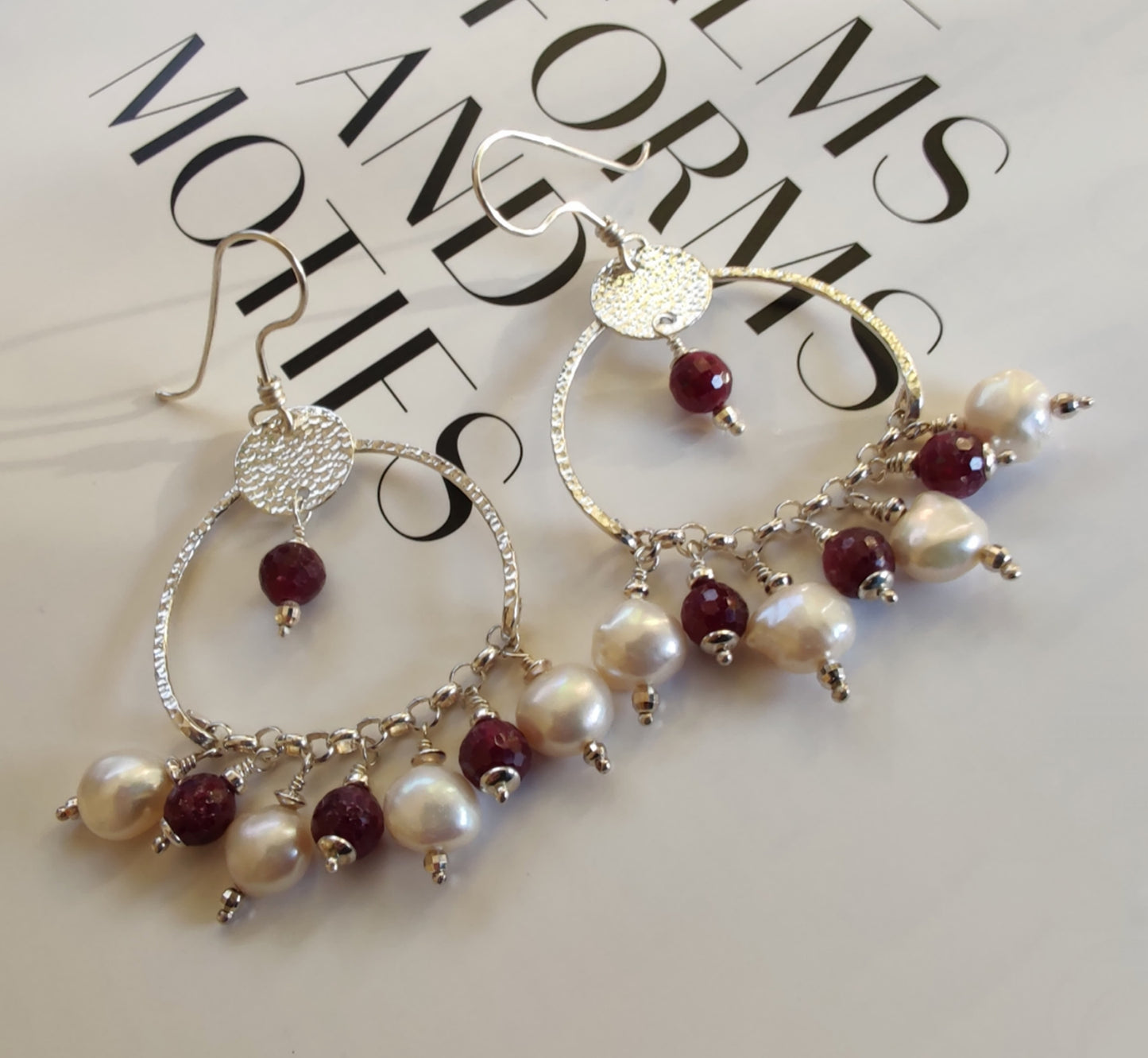 ST14 925 silver pendant earrings with faceted rubies and freshwater baroque pearls