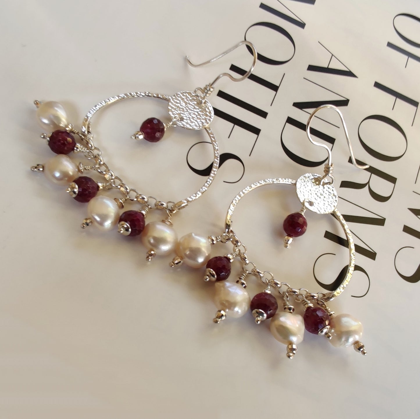 ST14 925 silver pendant earrings with faceted rubies and freshwater baroque pearls