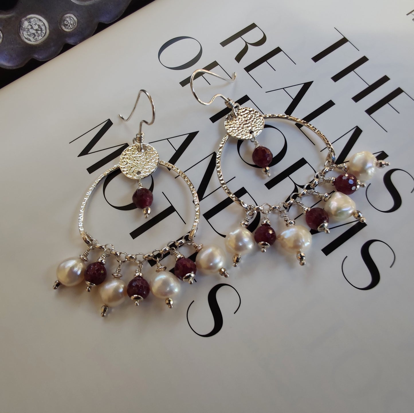 ST14 925 silver pendant earrings with faceted rubies and freshwater baroque pearls