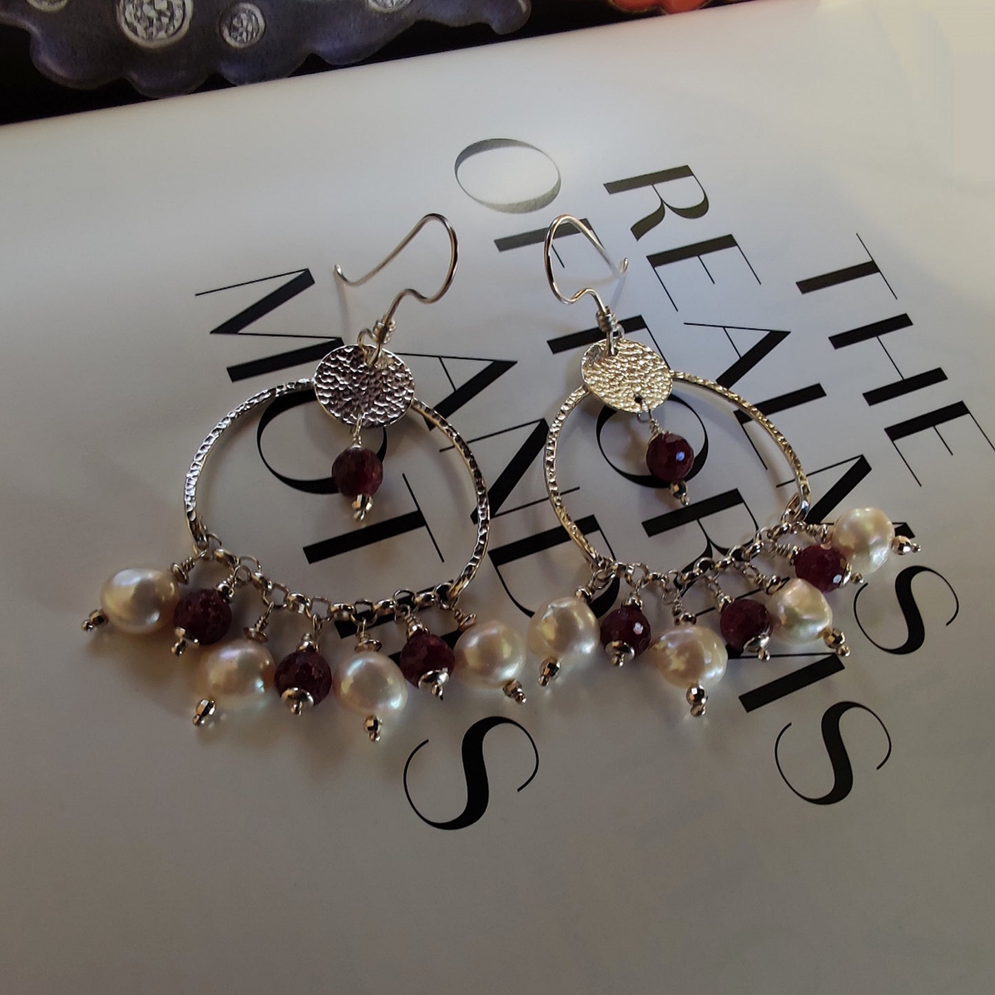 ST14 925 silver pendant earrings with faceted rubies and freshwater baroque pearls