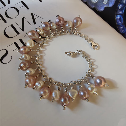 ST67 -  Bracciale in argento 925 con perle d'acqua dolce colore rosa antico e bianche
