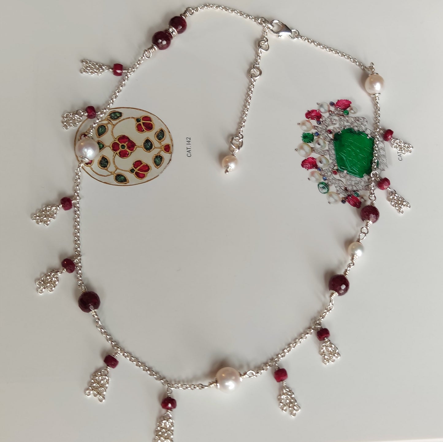 ST58 - Collana in argento con rubini sfaccettati e perle d'acqua dolce