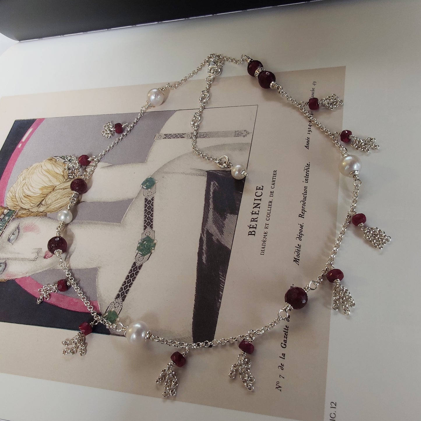 ST58 - Collana in argento con rubini sfaccettati e perle d'acqua dolce