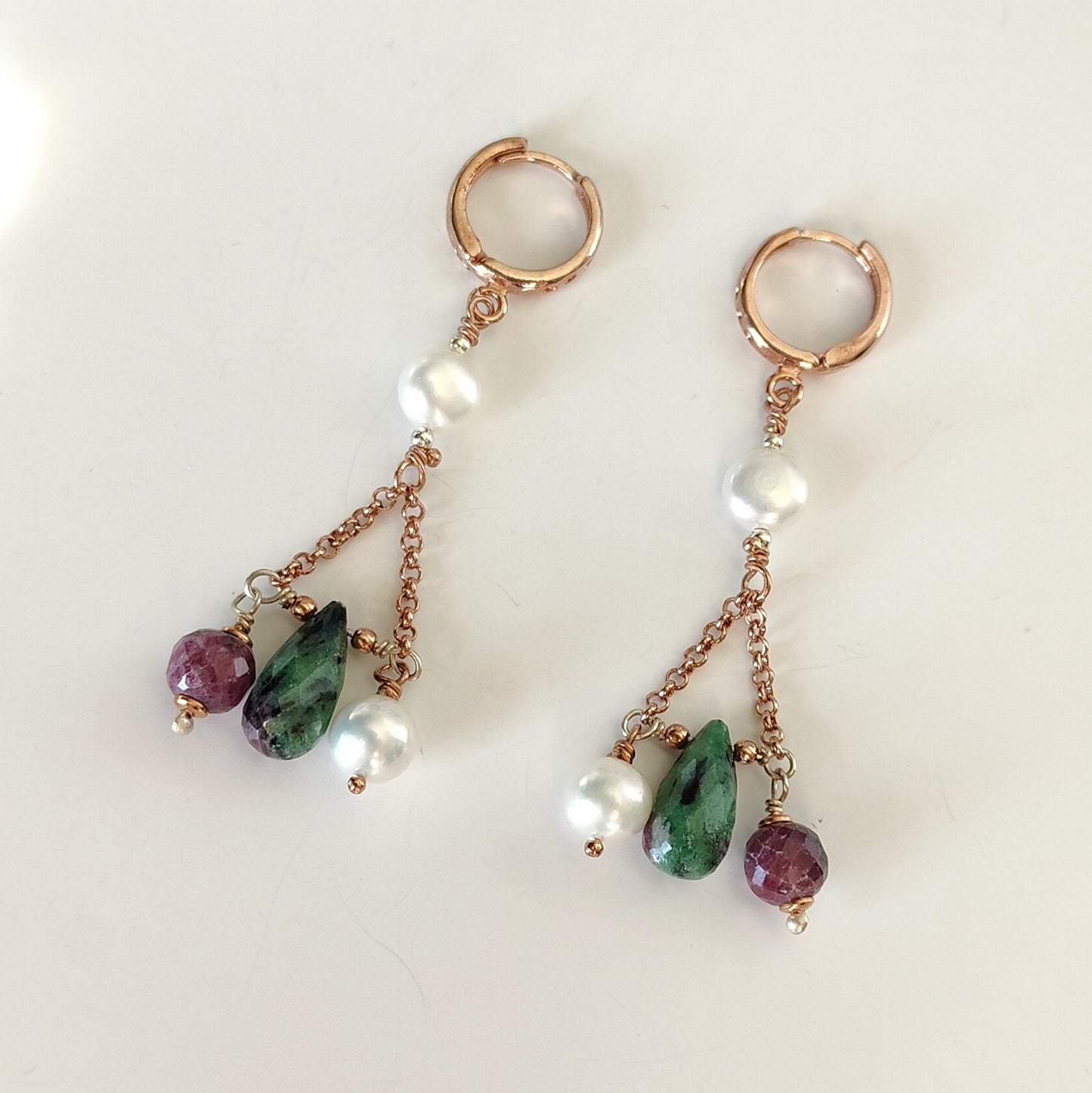 ST015 Rose gold plated 925 silver earrings with round faceted rubies, teardrop zoisite rubies and freshwater pearls.