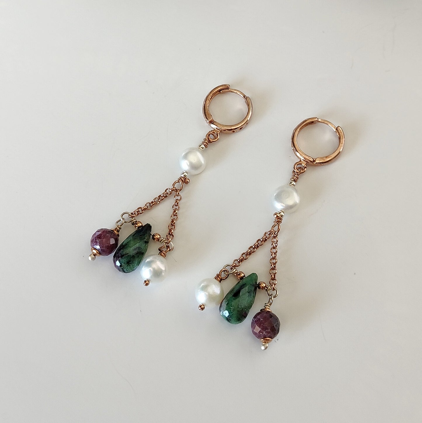 ST015 Rose gold plated 925 silver earrings with round faceted rubies, teardrop zoisite rubies and freshwater pearls.