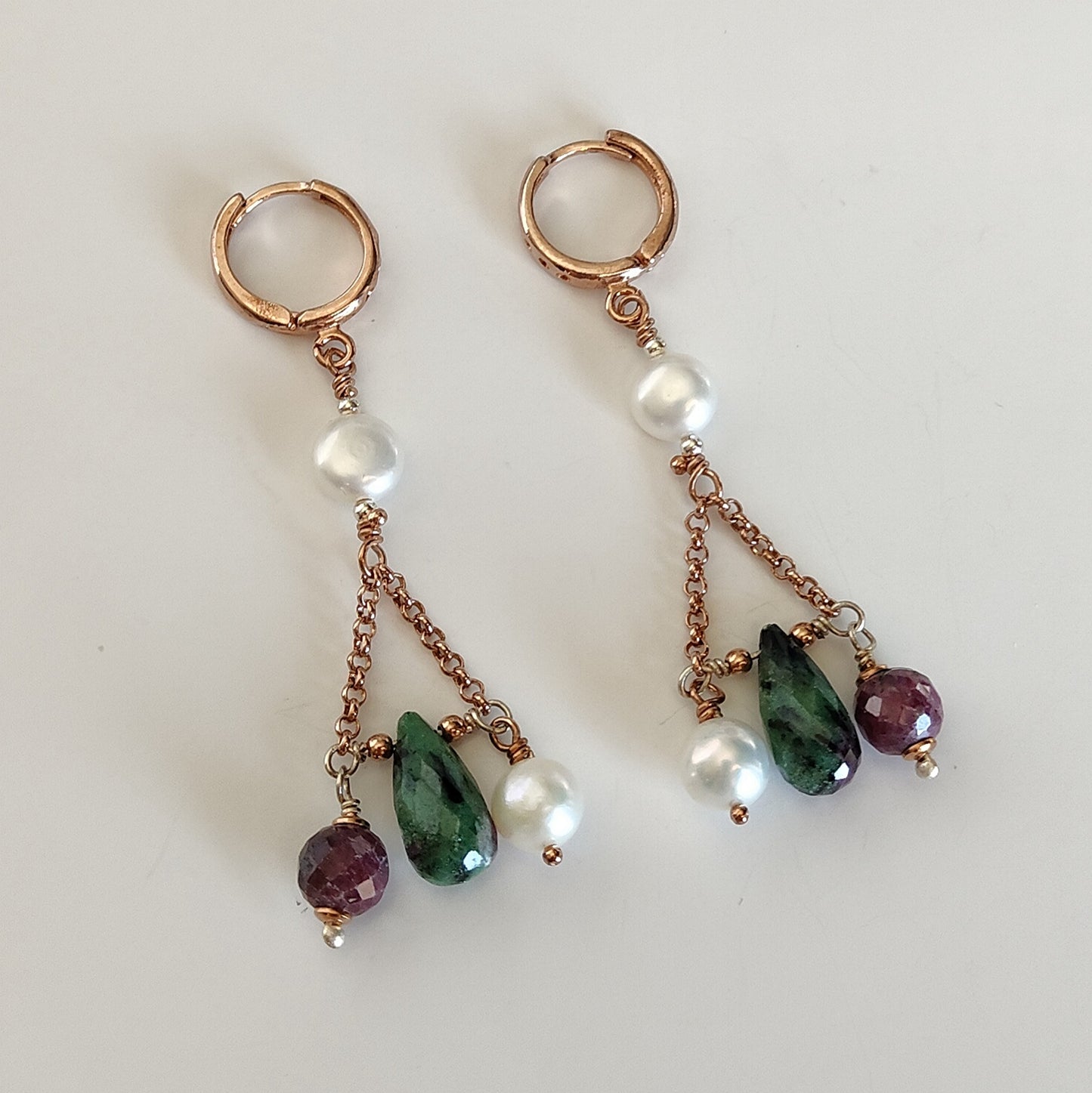 ST015 Rose gold plated 925 silver earrings with round faceted rubies, teardrop zoisite rubies and freshwater pearls.