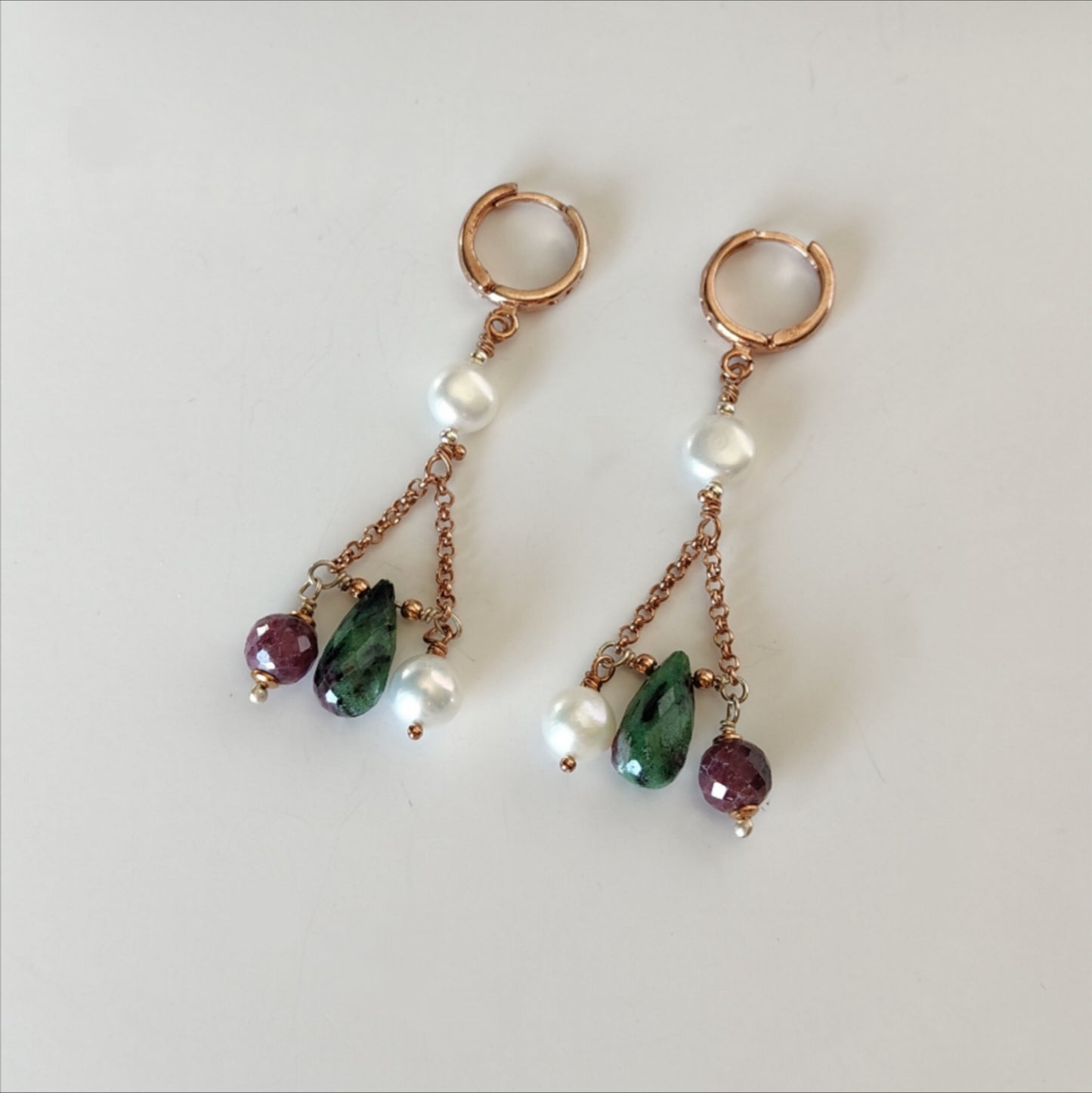 ST015 Rose gold plated 925 silver earrings with round faceted rubies, teardrop zoisite rubies and freshwater pearls.