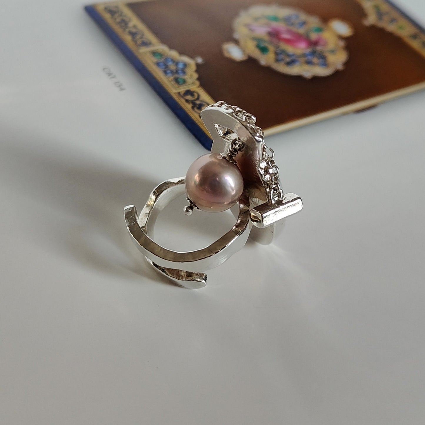 ST49 - Anello in argento 925 con rodocrosite e perla naturale d'acqua dolce