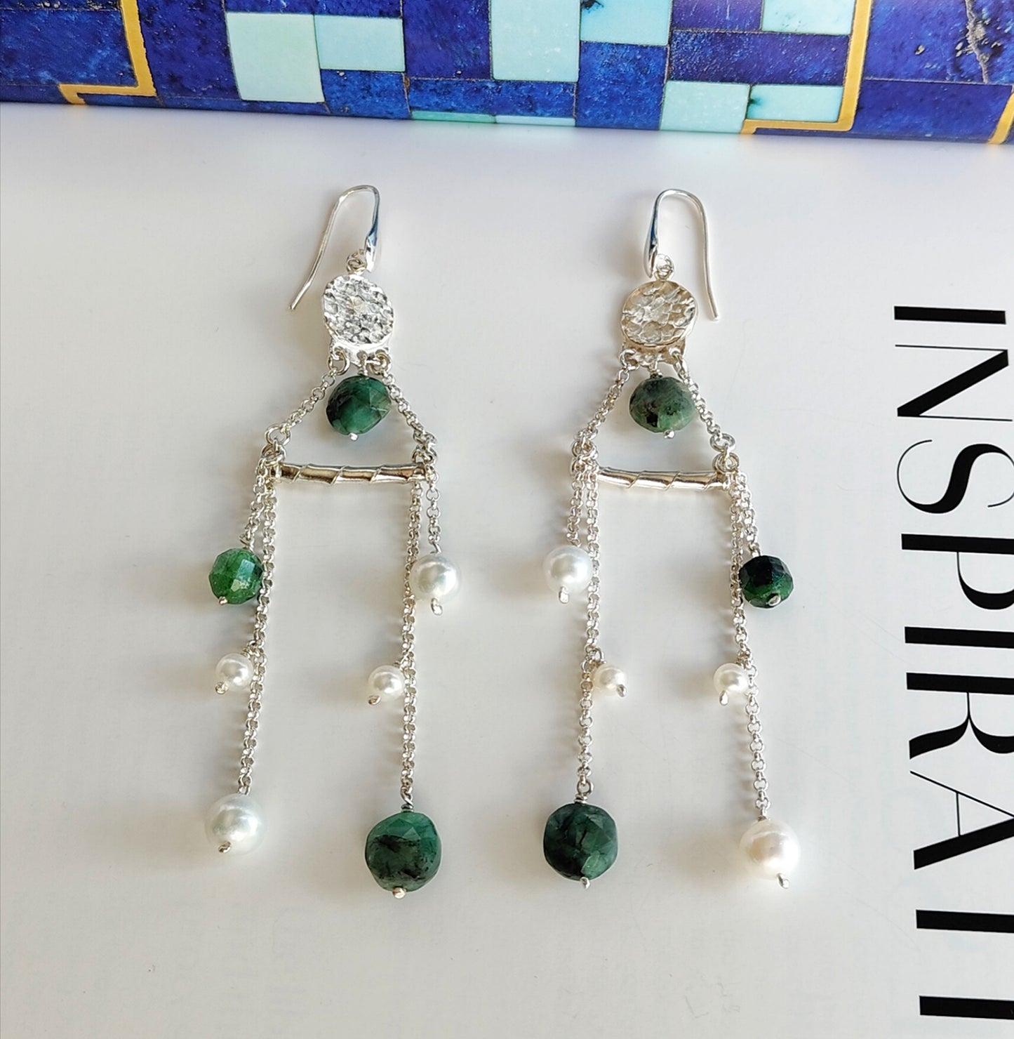 ST50 - Orecchini in argento 925 con pietre in smeraldo e rubini zoisite sfaccettati