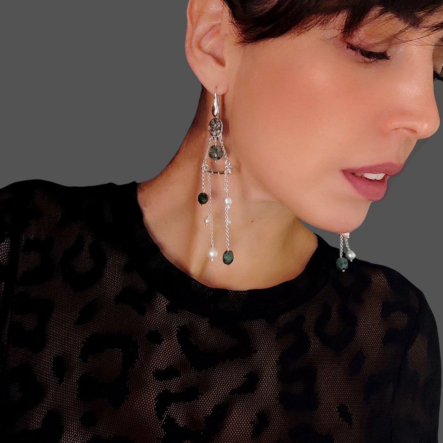 ST50 - Orecchini in argento 925 con pietre in smeraldo e rubini zoisite sfaccettati