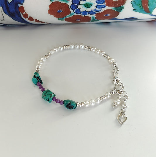 ST34 - Bracciale in argento 925 con perle d'acqua dolce e pietre naturali
