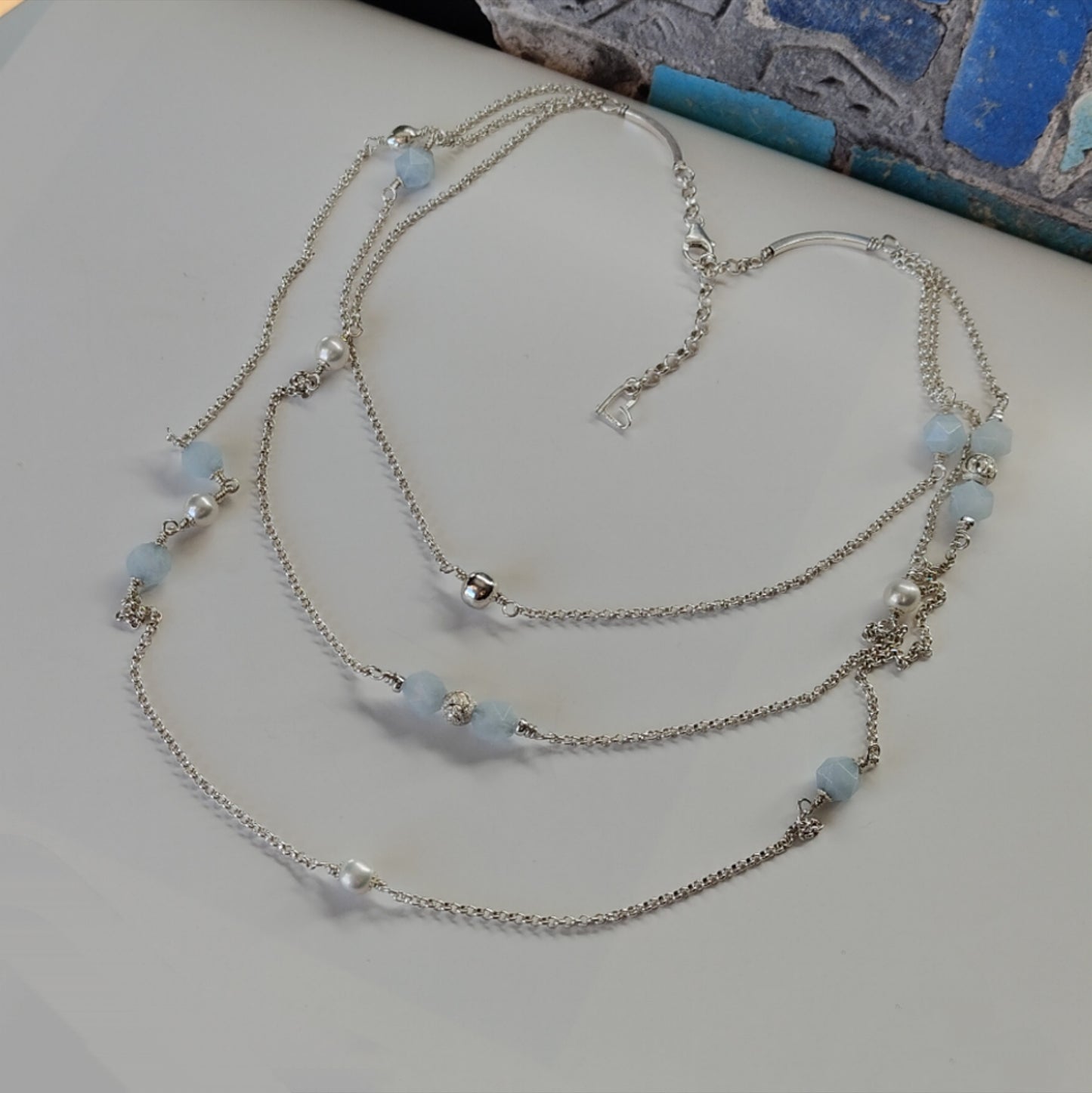 ST64 - Collana in argento con perle e pietre in acquamarina