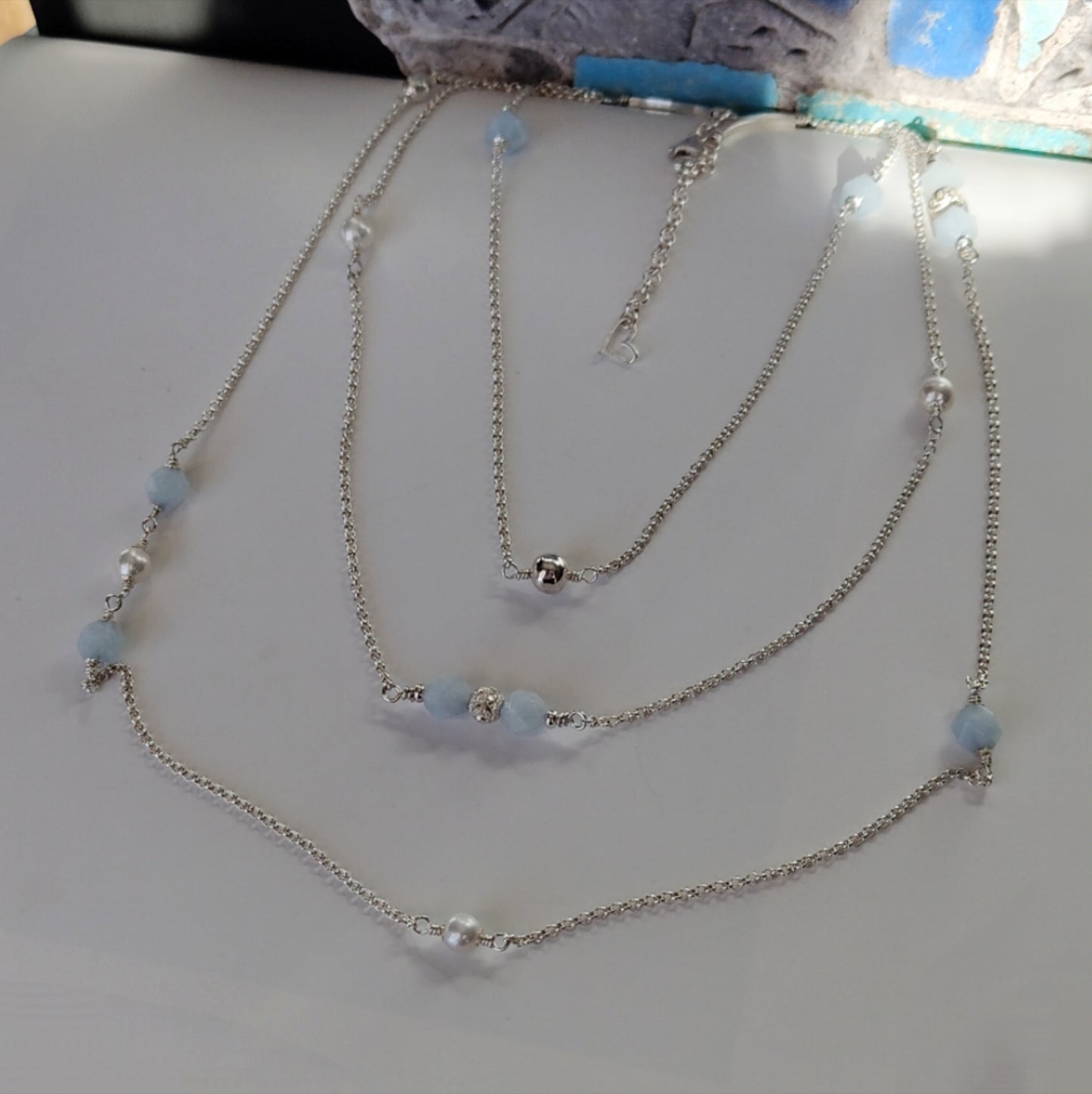 ST64 - Collana in argento con perle e pietre in acquamarina