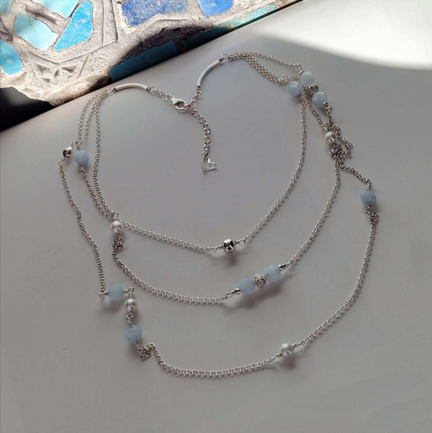 ST64 - Collana in argento con perle e pietre in acquamarina