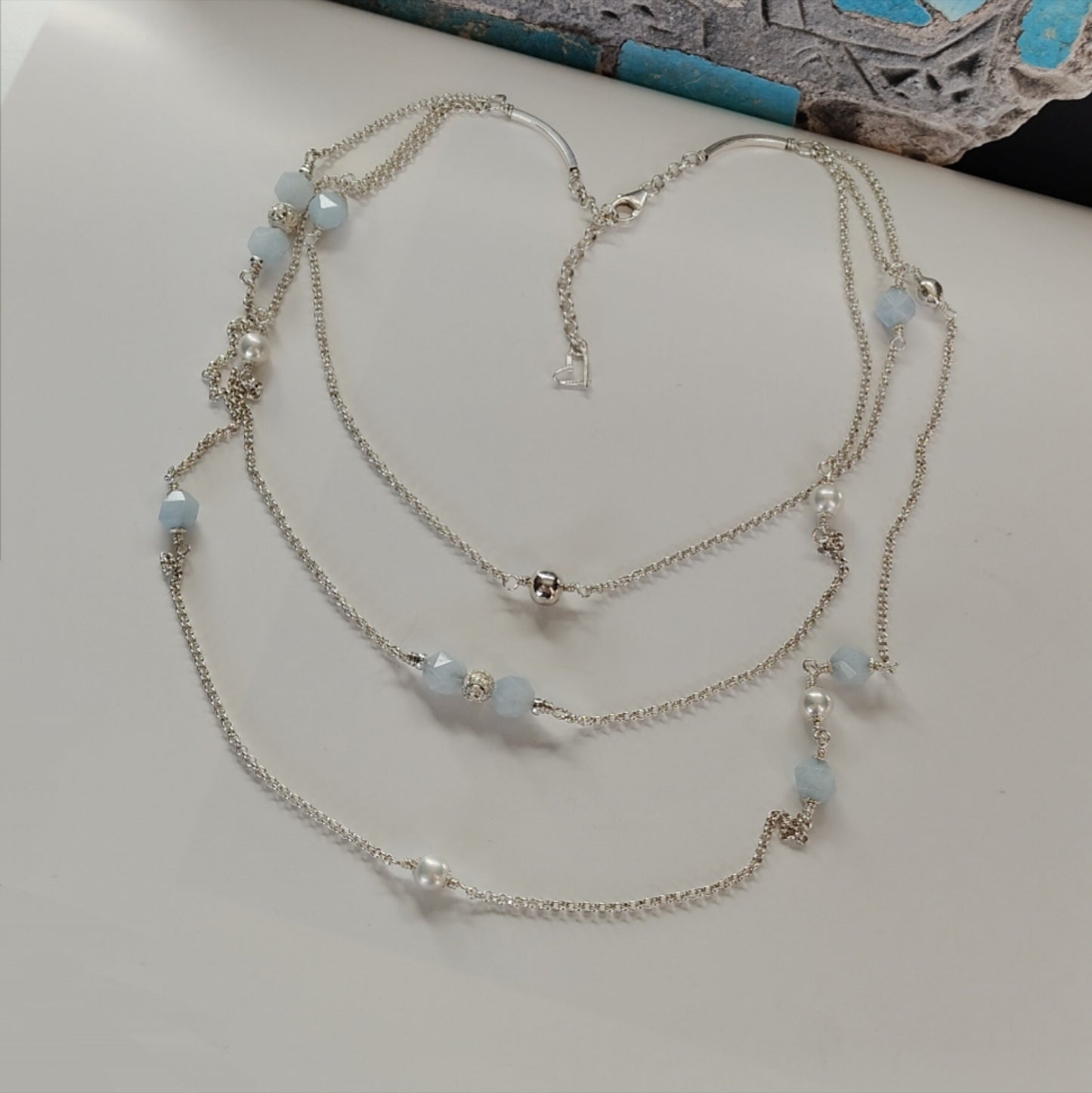 ST64 - Collana in argento con perle e pietre in acquamarina