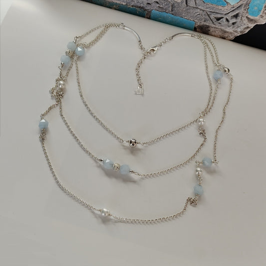 ST64 - Collana in argento con perle e pietre in acquamarina