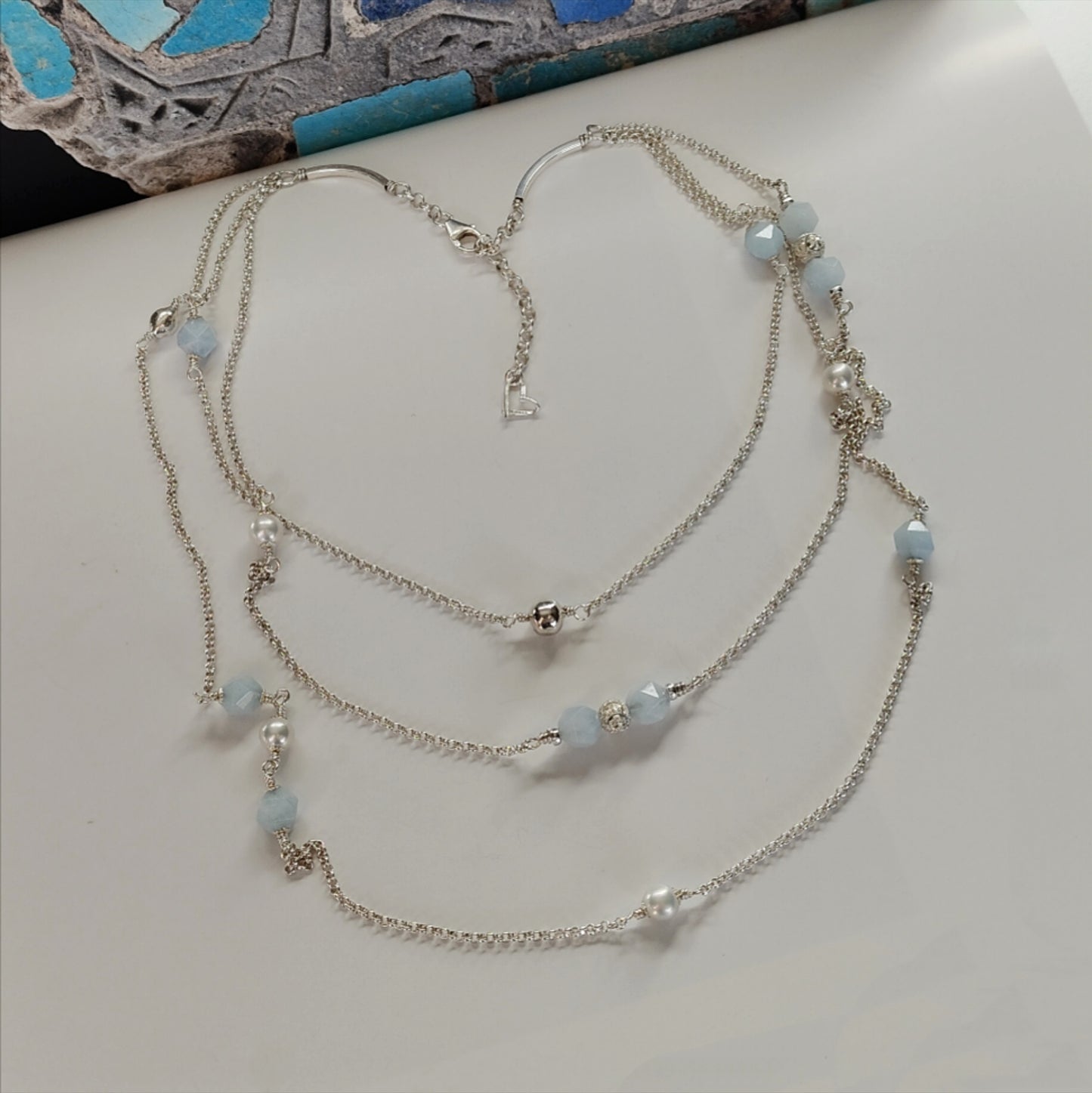 ST64 - Collana in argento con perle e pietre in acquamarina