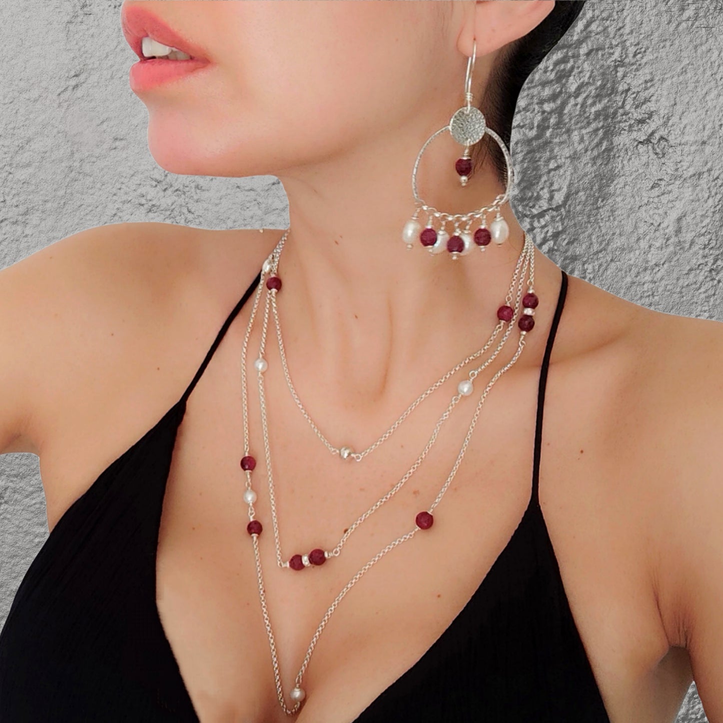 ST14 925 silver pendant earrings with faceted rubies and freshwater baroque pearls