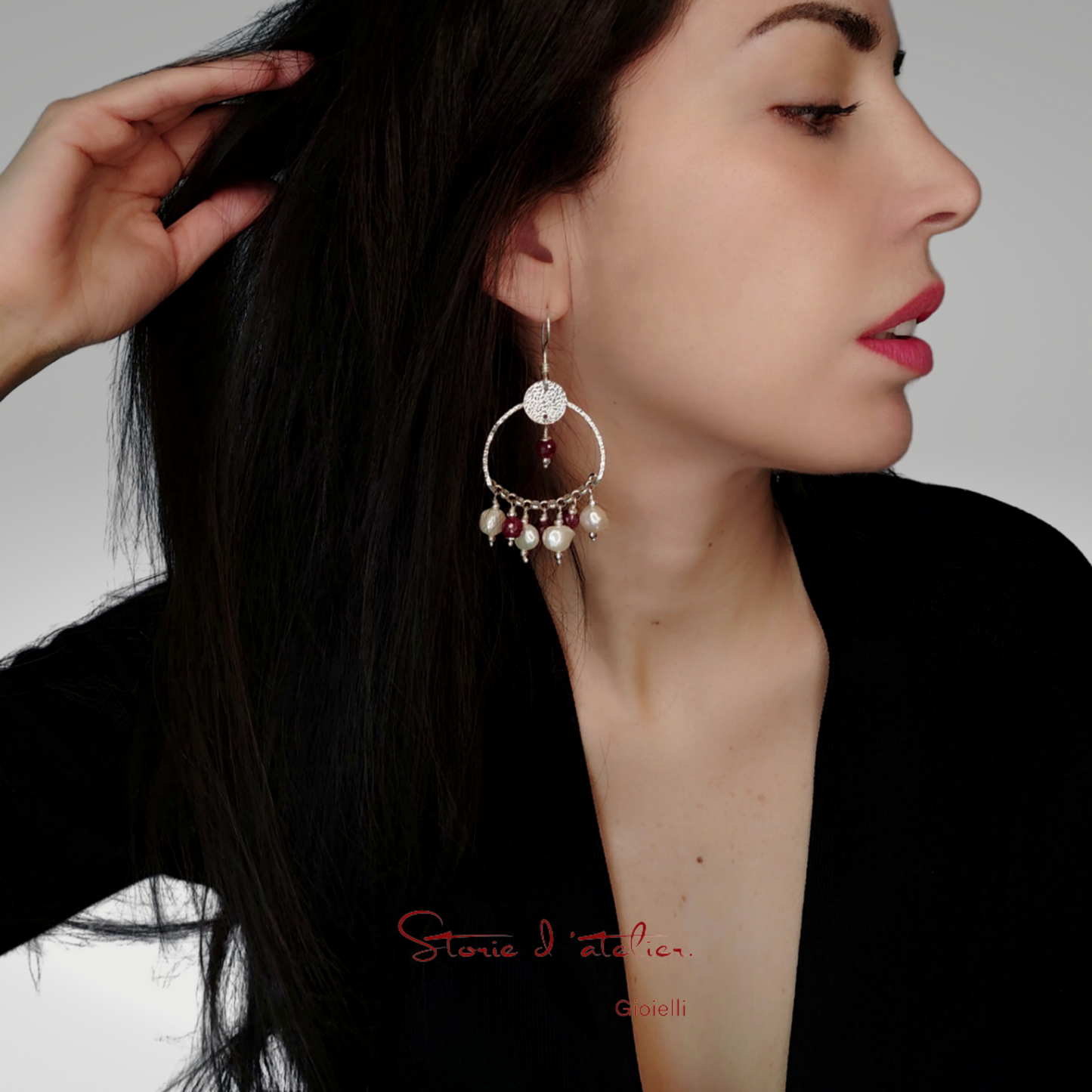 ST14 925 silver pendant earrings with faceted rubies and freshwater baroque pearls