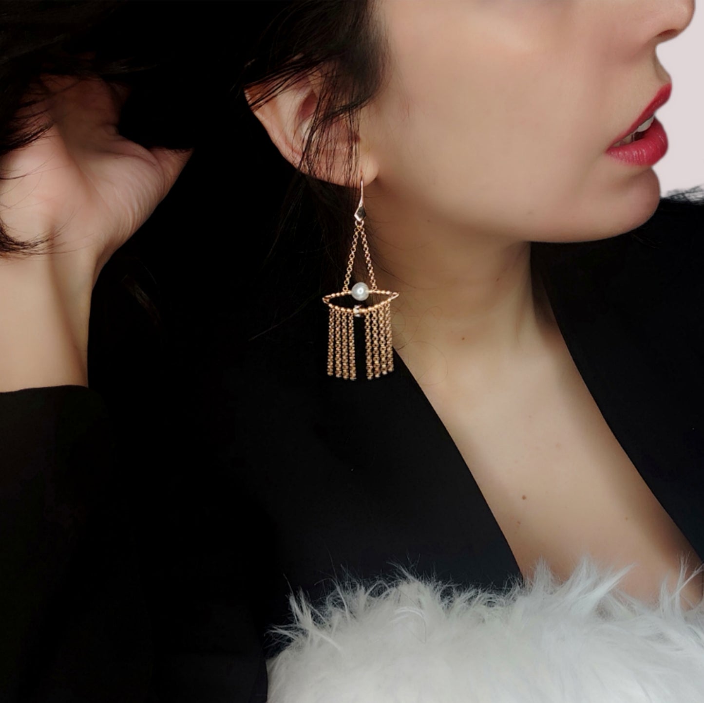 ST50- 18k rose gold plated silver earrings with natural pearls and zircons.