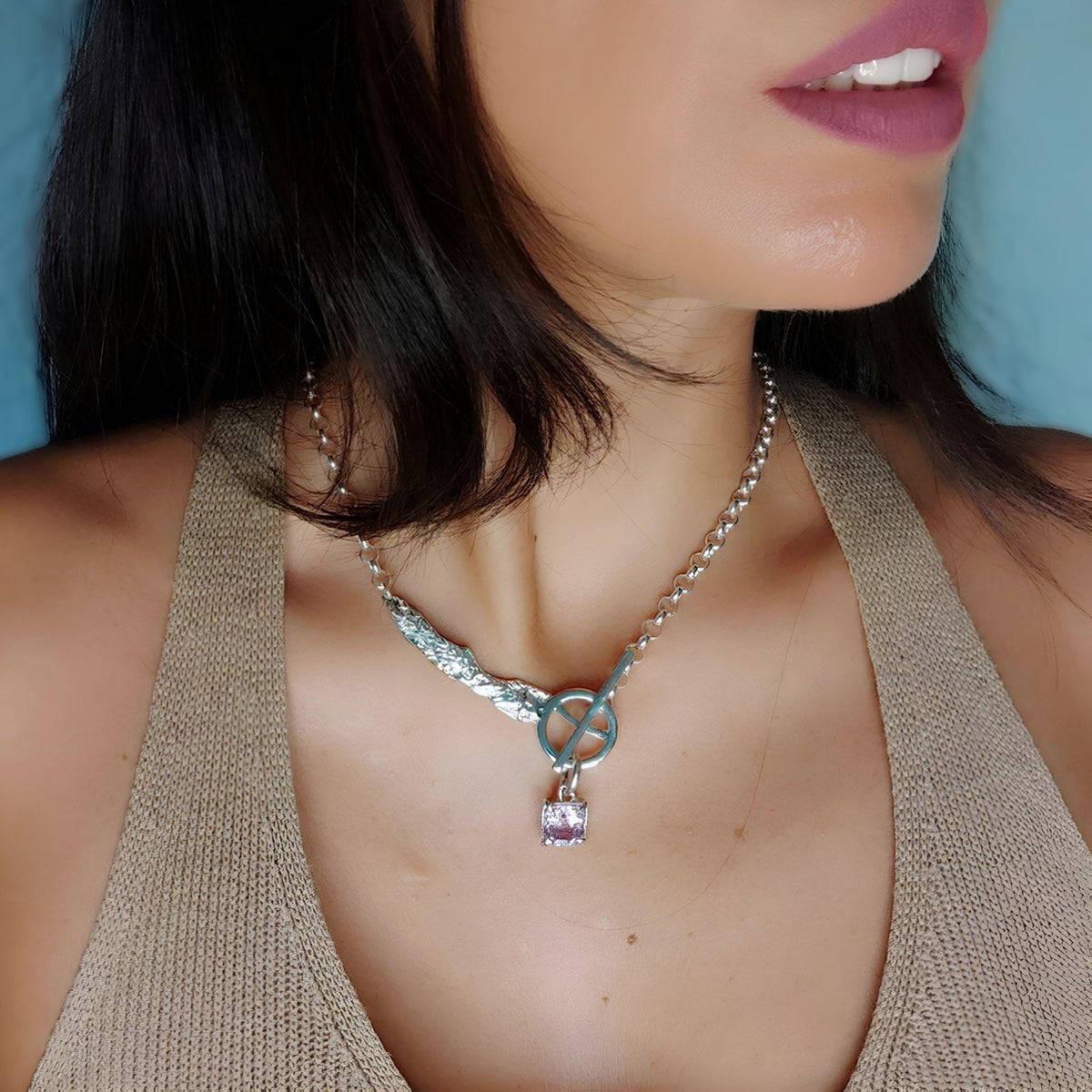 EST070 - Collana con topazio rosa, argento 925