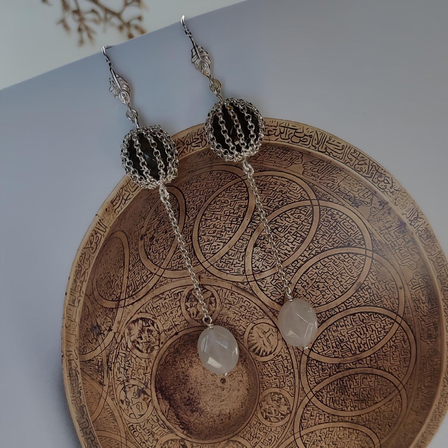 ST62 - Orecchini pendenti in argento 925 con pietre naturali agata e quarzo rosa