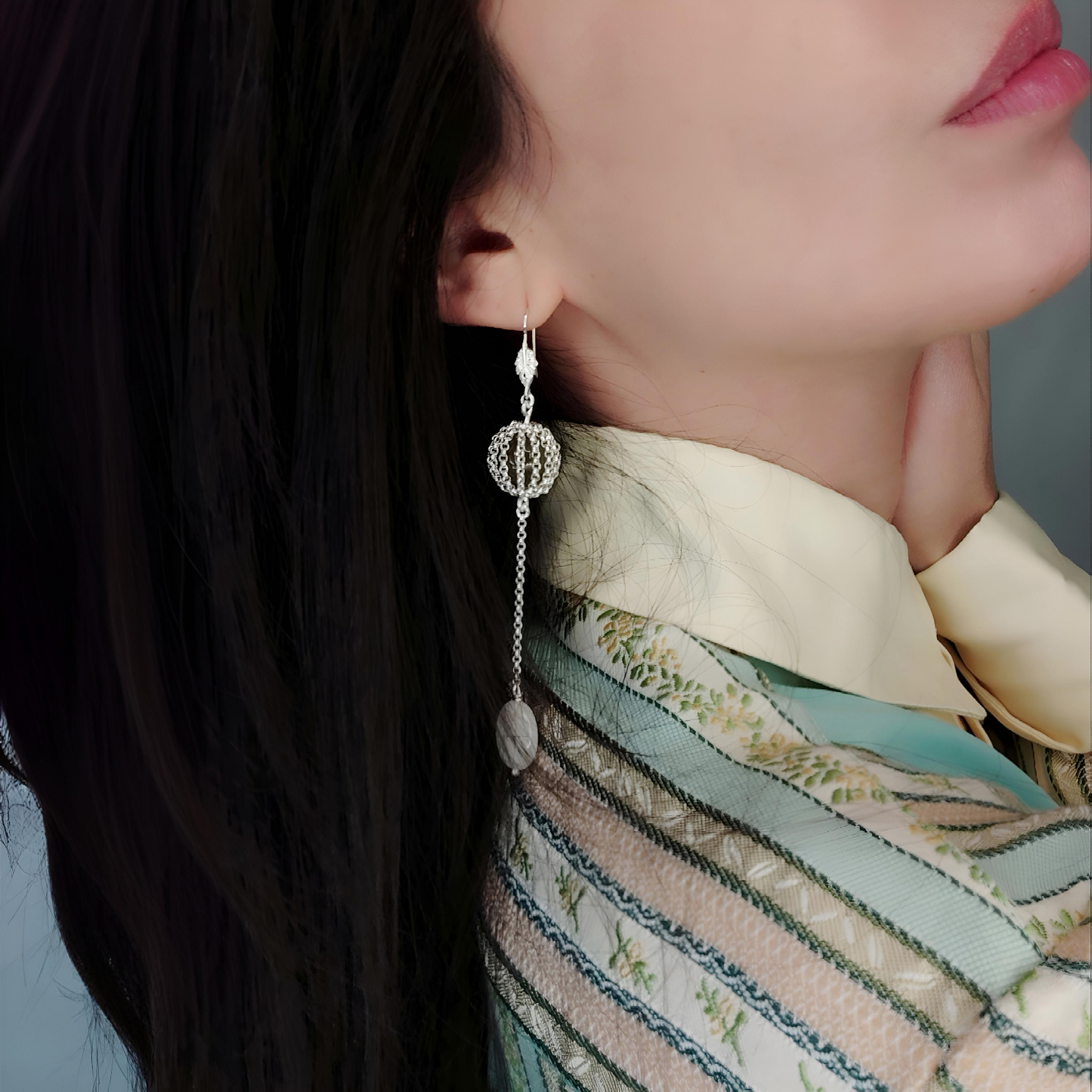 ST62 - Orecchini pendenti in argento 925 con pietre naturali agata e quarzo rosa