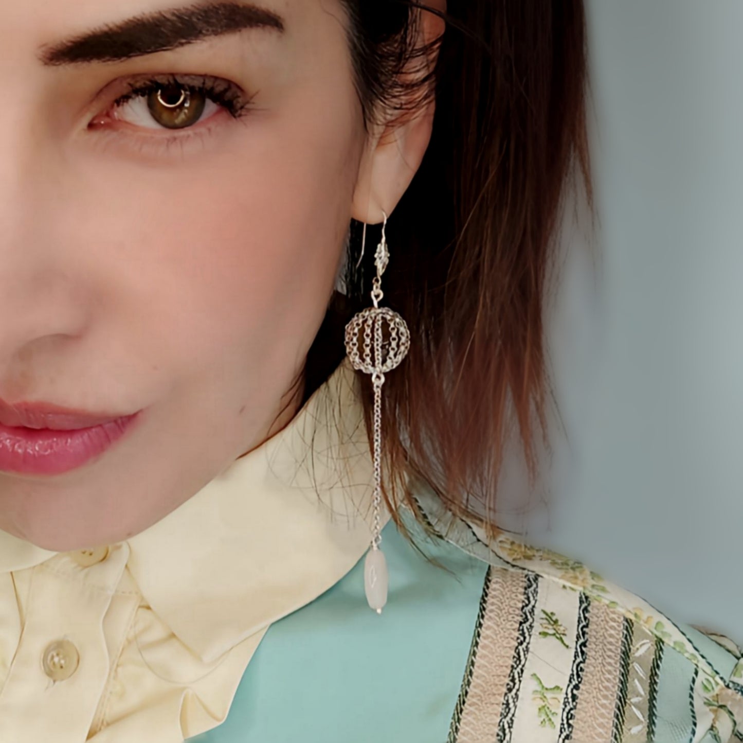 ST62 - Orecchini pendenti in argento 925 con pietre naturali agata e quarzo rosa