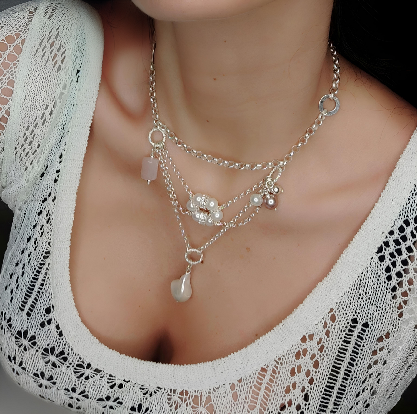 ST71 - Collana in argento con pietre e perle naturali