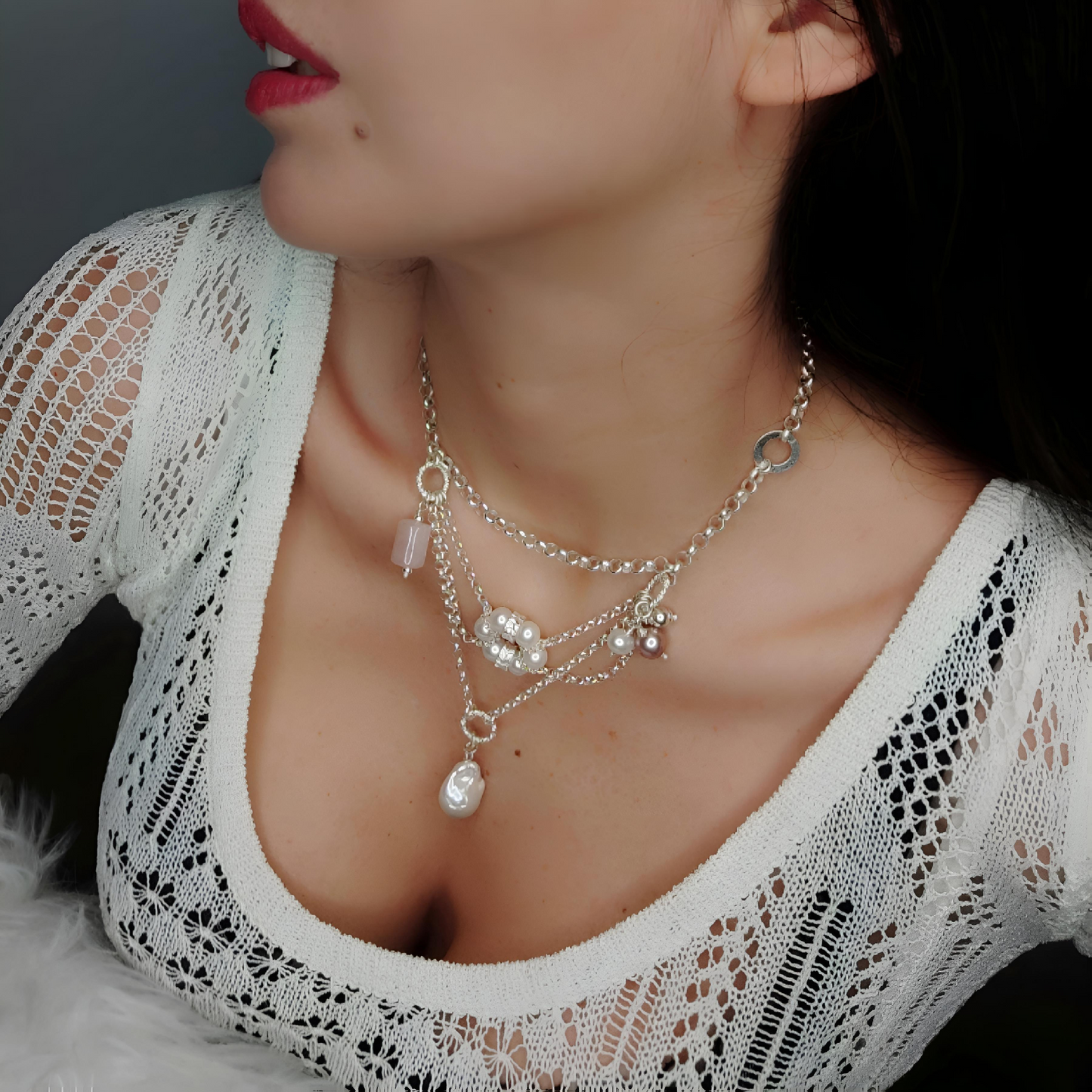 ST71 - Collana in argento con pietre e perle naturali