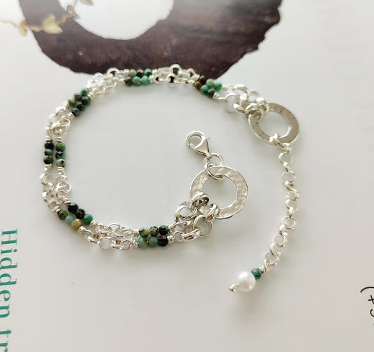 ST2 -Bracciale in Argento 925 con Turchese Africano e Perla d'Acqua Dolce