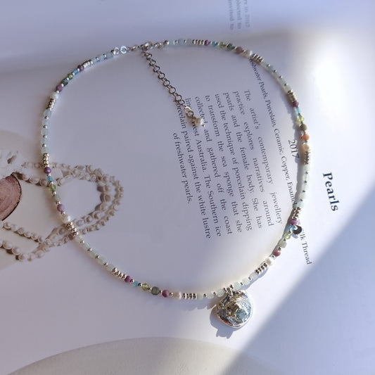 ST020 - Collana con Topazio, Acquamarina e Perle d'Acqua Dolce — Argento 925